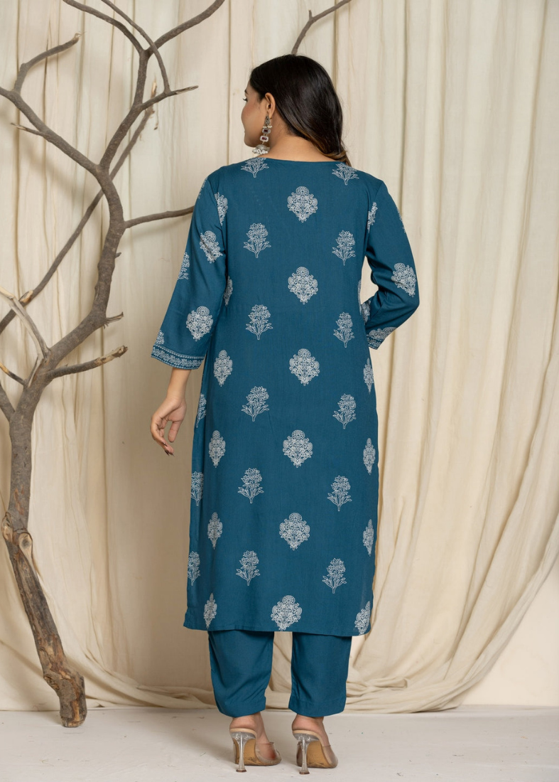 Blue Rayon Straight Cut Suit Set