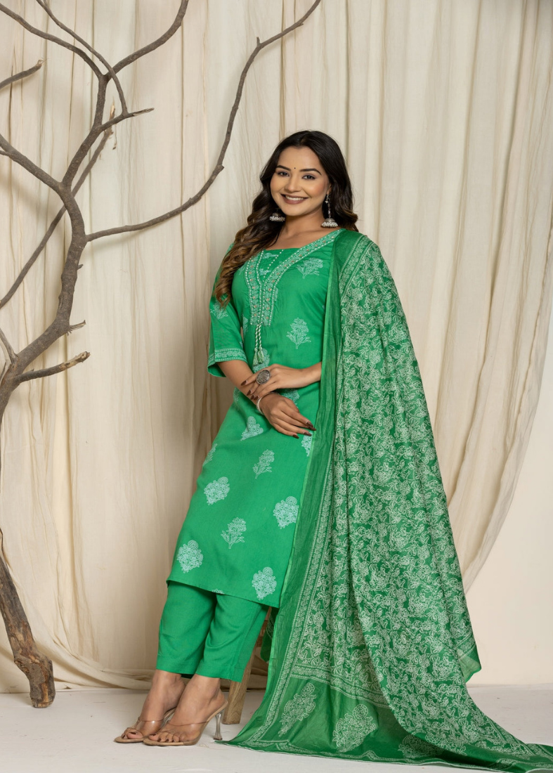 Green Rayon Straight Cut Suit Set