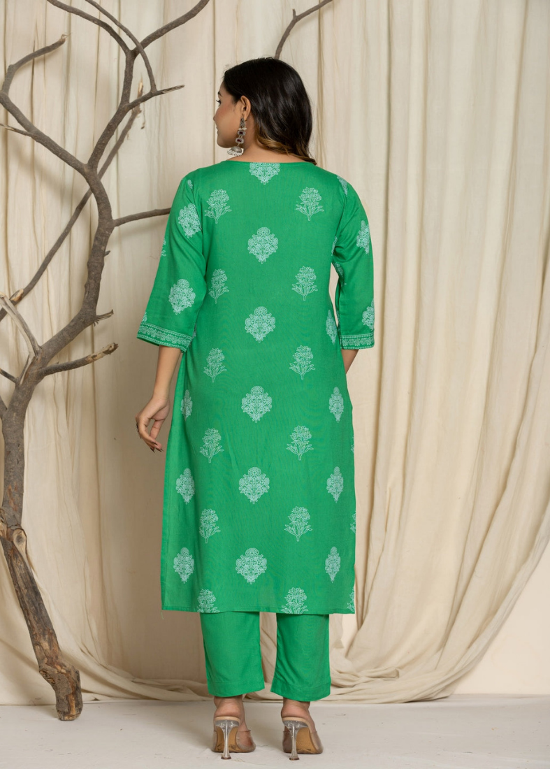 Green Rayon Straight Cut Suit Set