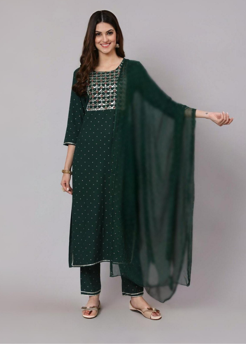 Dark Green Chiffon Straight Suit Set