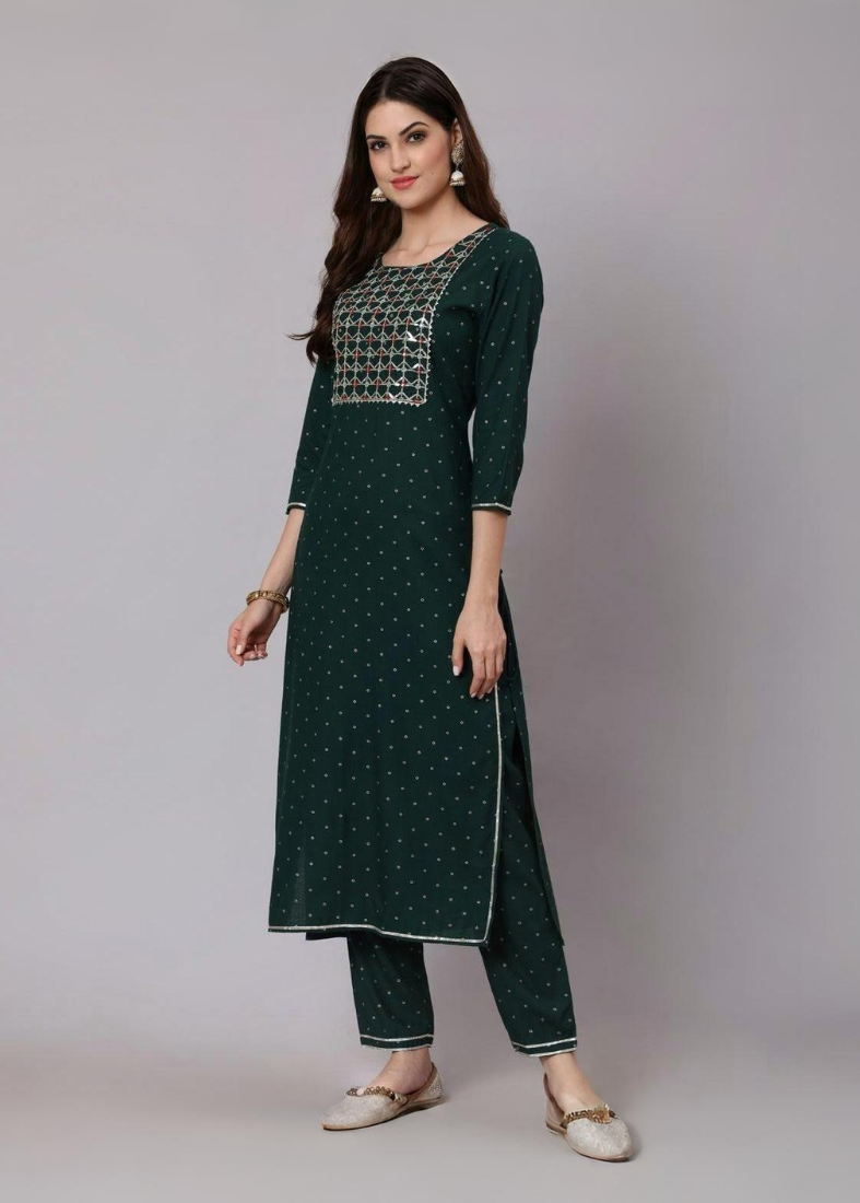 Dark Green Chiffon Straight Suit Set