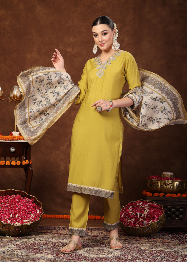 Mehendi Green Moss Crepe Straight Suit Set