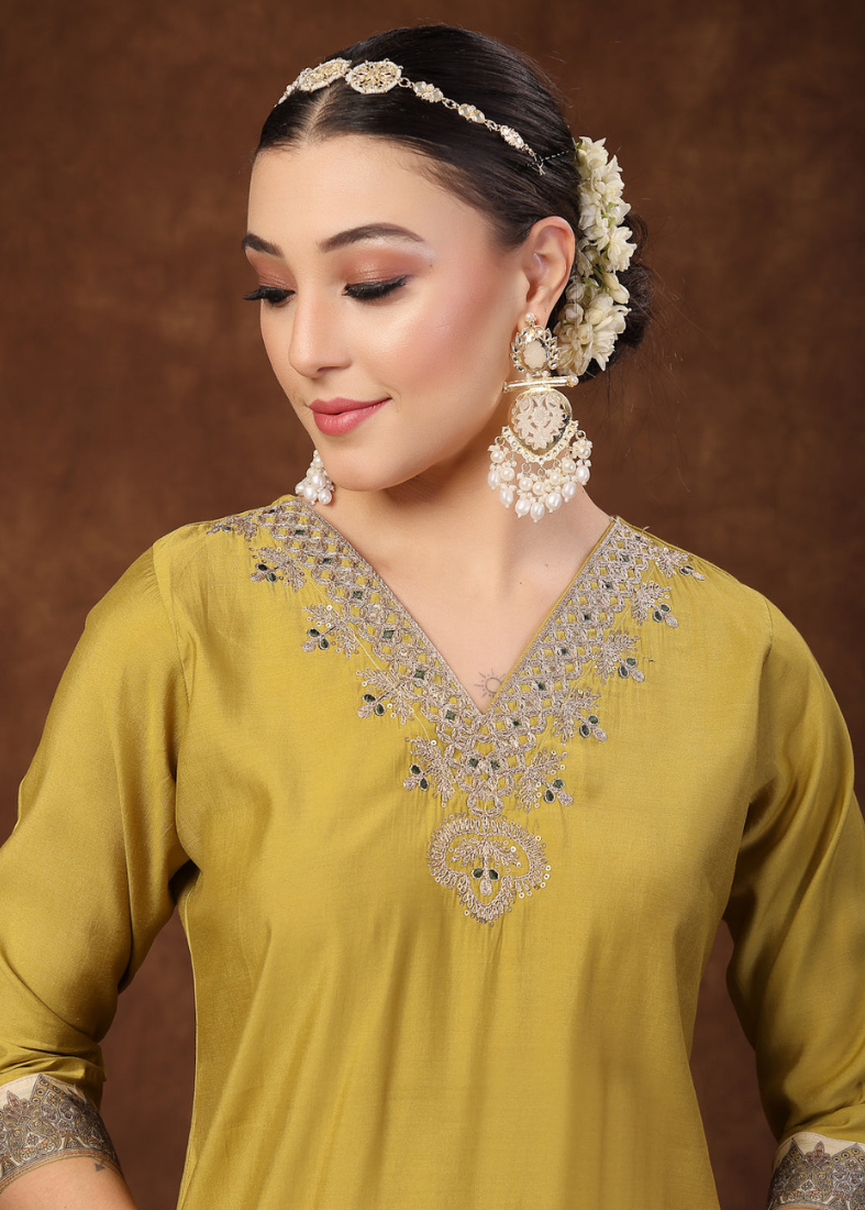 Mehendi Green Moss Crepe Straight Suit Set