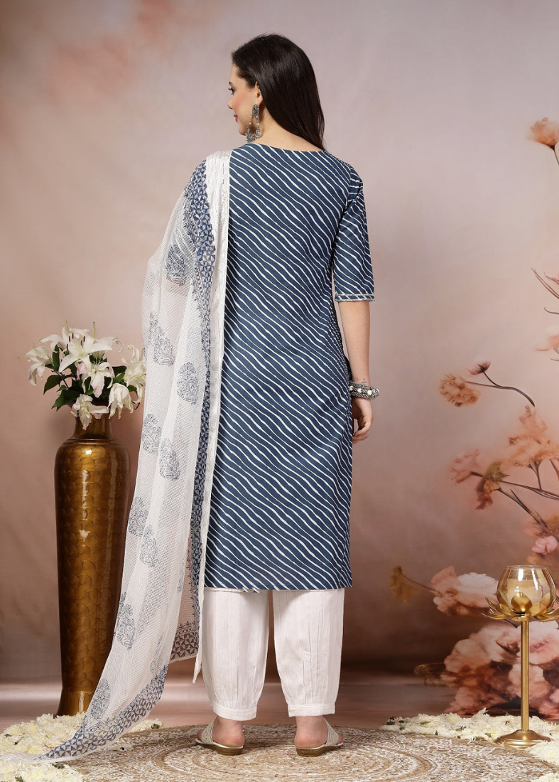 Blue Cotton Straight Cut Suit Set