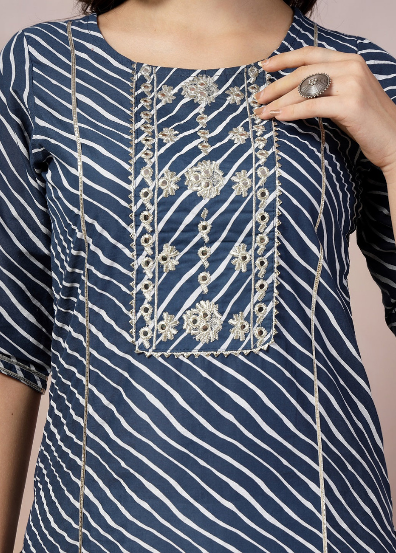 Blue Cotton Straight Cut Suit Set