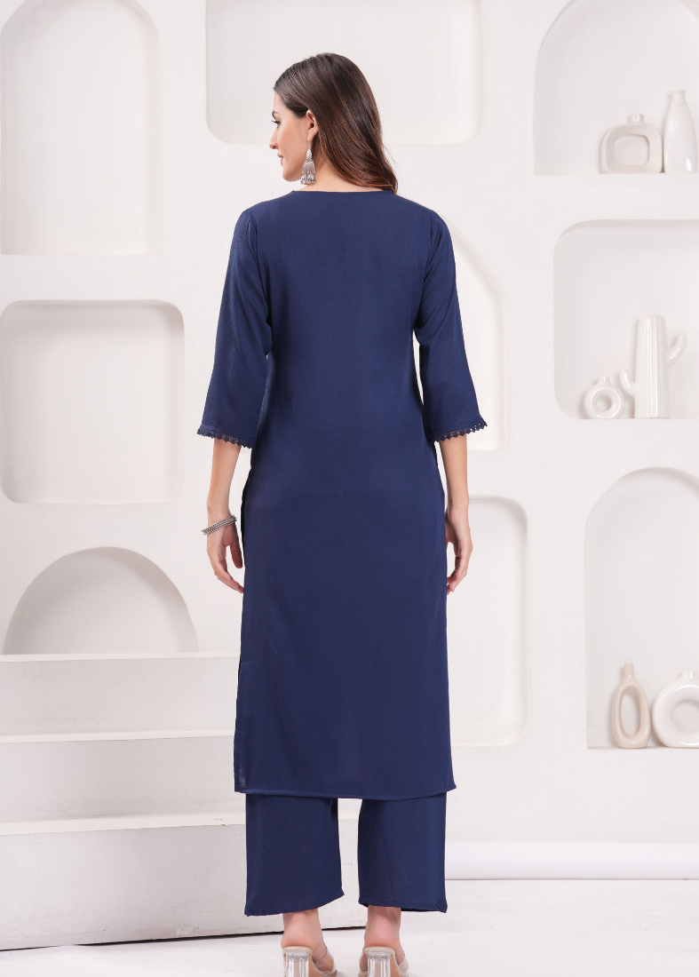 Blue Moss Crepe Straight Cut V-neck Suit Set