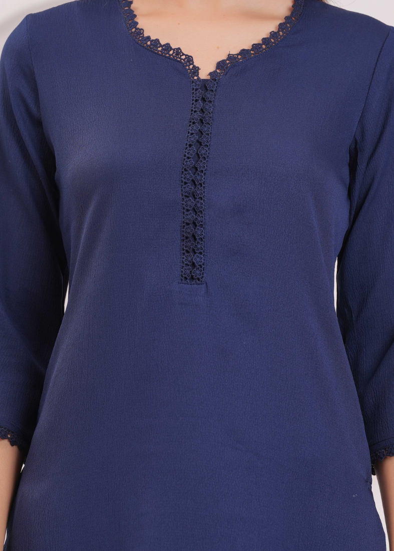 Blue Moss Crepe Straight Cut V-neck Suit Set