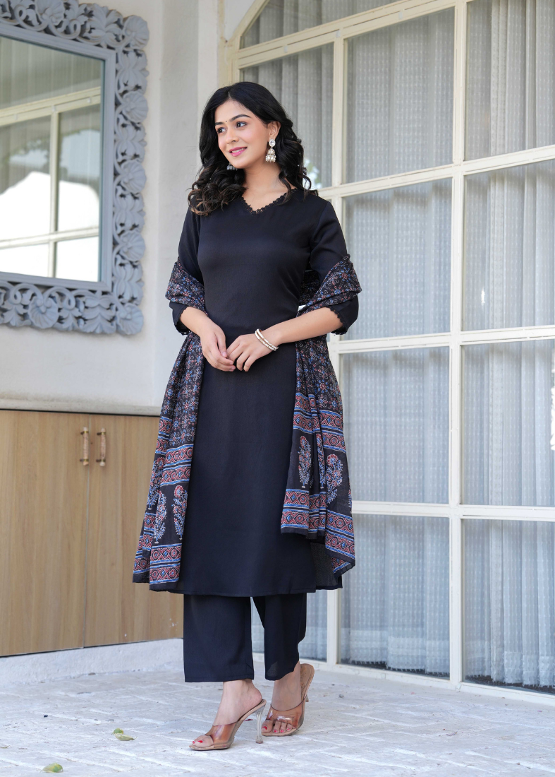 Black Moss Crepe Straight Cut Suit Set