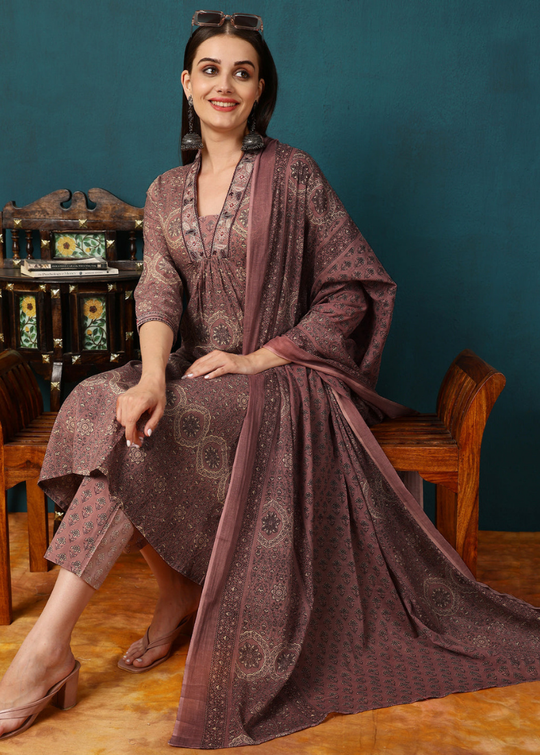 Brown Cotton Flared Suit Set