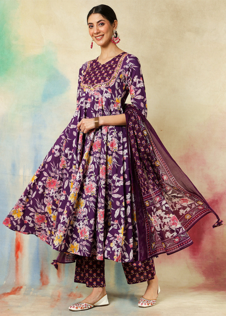 Purple Cotton Printed Flared Suit Set