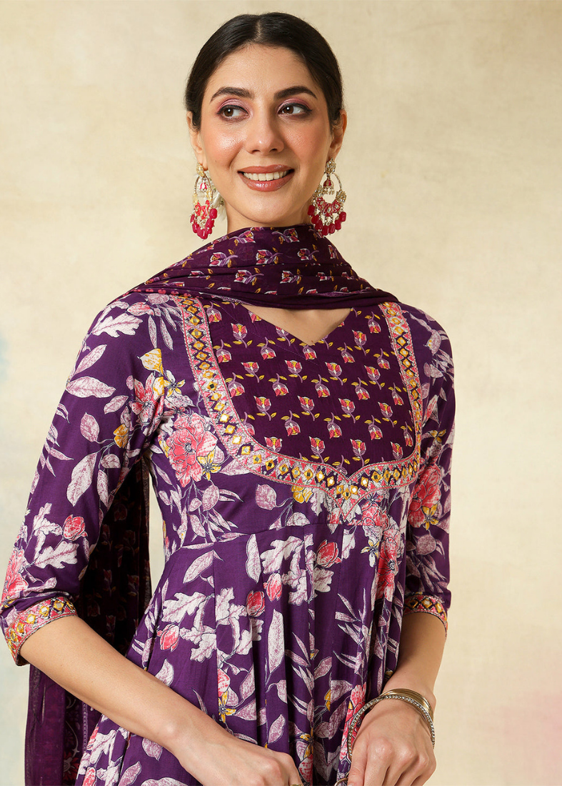 Purple Cotton Printed Flared Suit Set