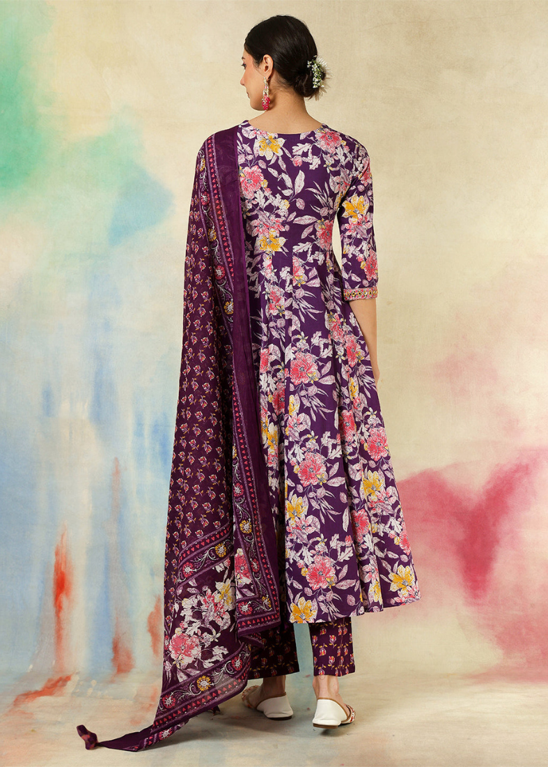 Purple Cotton Printed Flared Suit Set