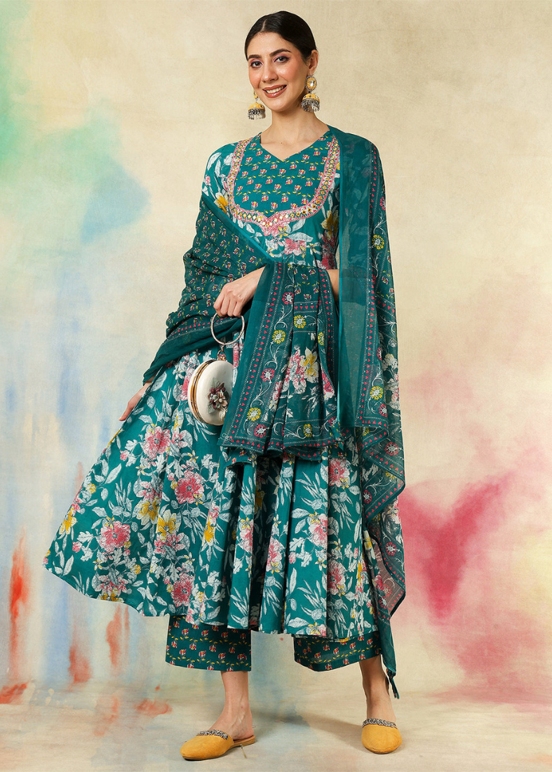 Green Cotton Printed Flared Suit Set