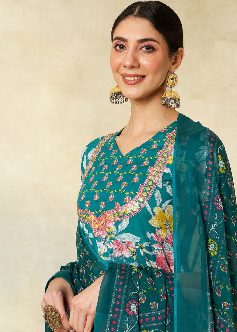 Green Cotton Printed Flared Suit Set