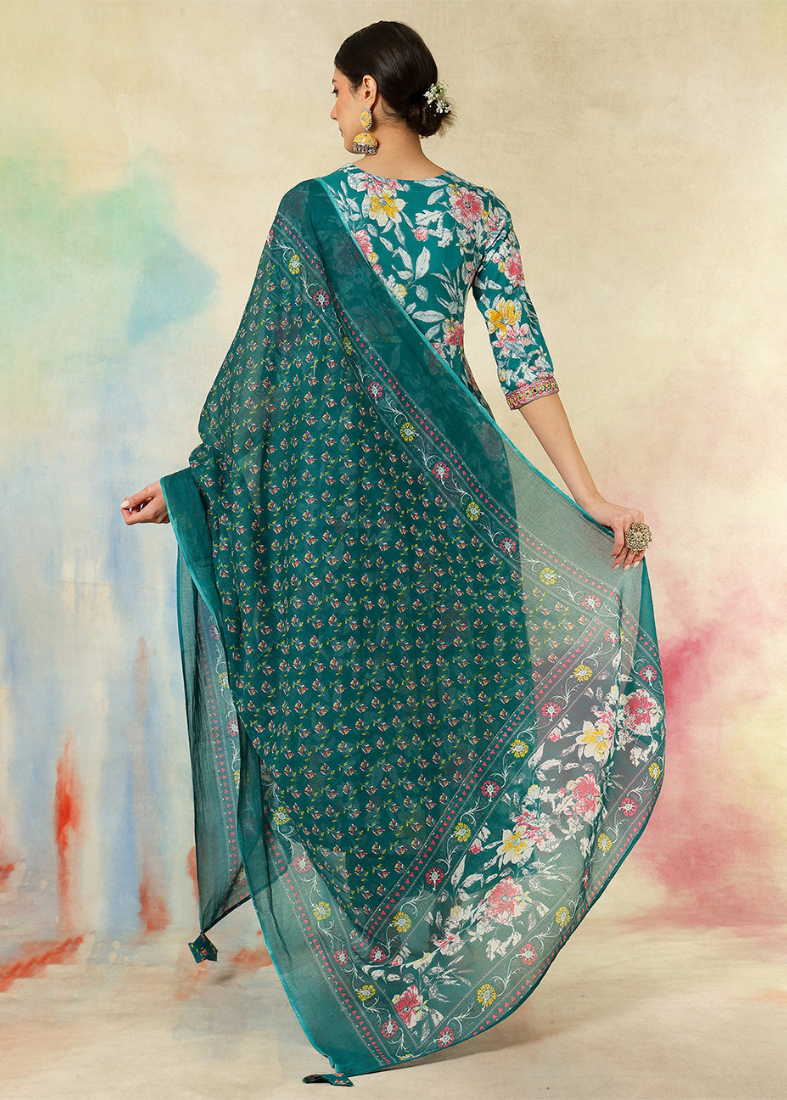 Green Cotton Printed Flared Suit Set