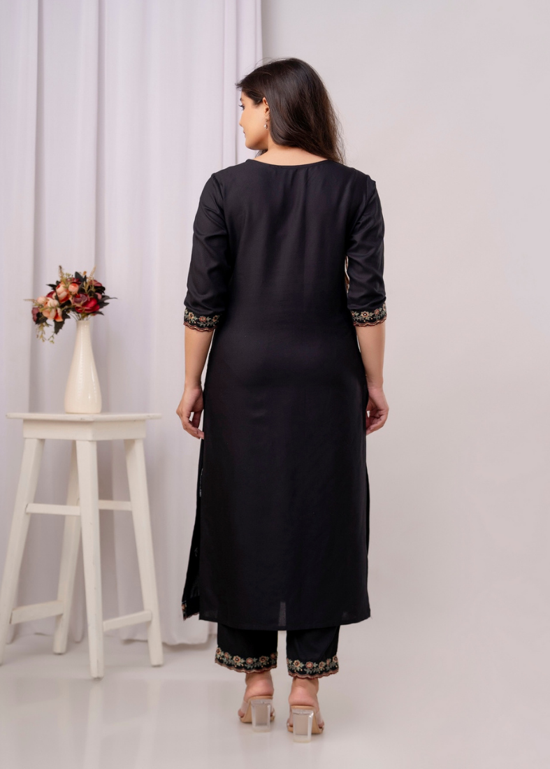 Black Cotton V-neck Straight Suit Set