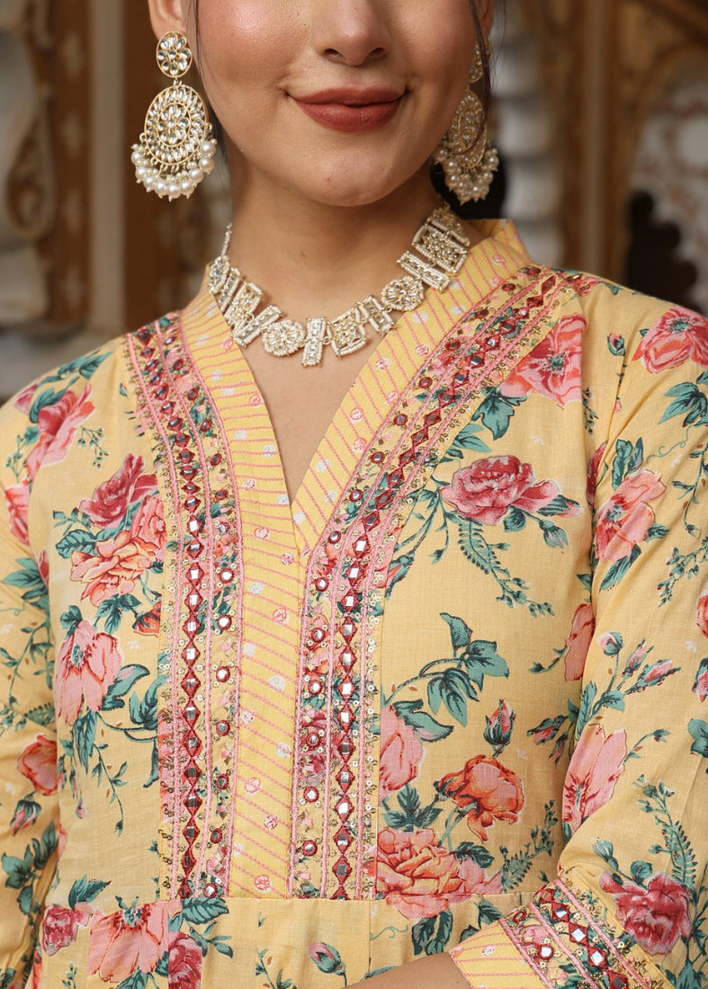 Yellow Cotton Bias Cut Suit Set