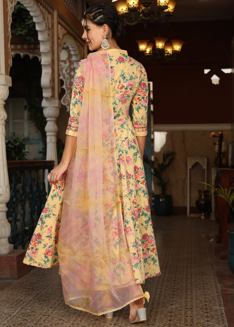 Yellow Cotton Bias Cut Suit Set