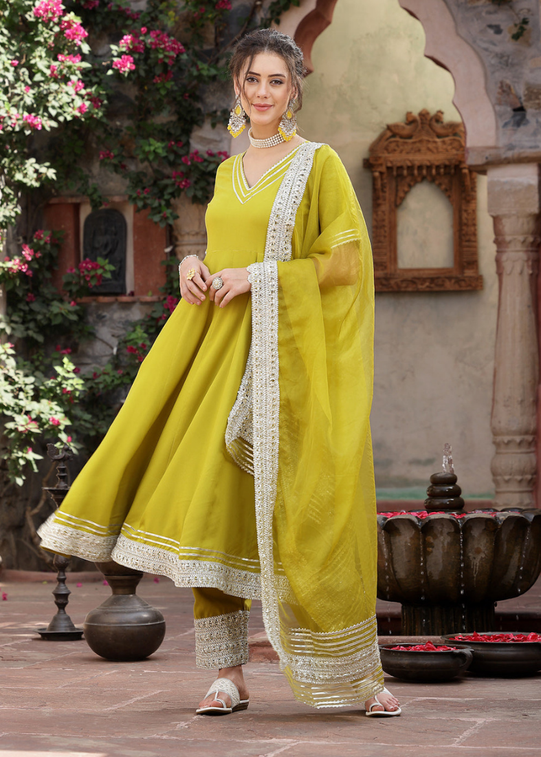 Yellow Rayon Bias Cut Suit Set