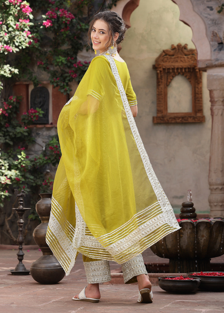 Yellow Rayon Bias Cut Suit Set