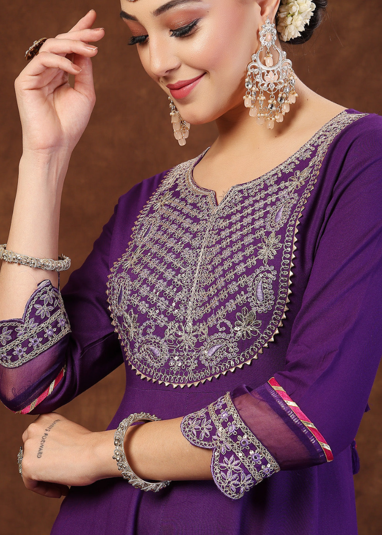 Purple Rayon Flared Suit Set