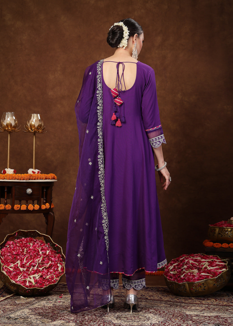 Purple Rayon Flared Suit Set