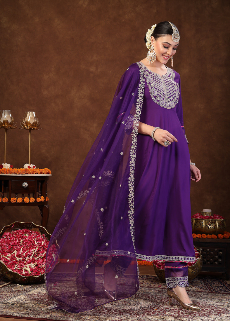 Purple Rayon Flared Suit Set