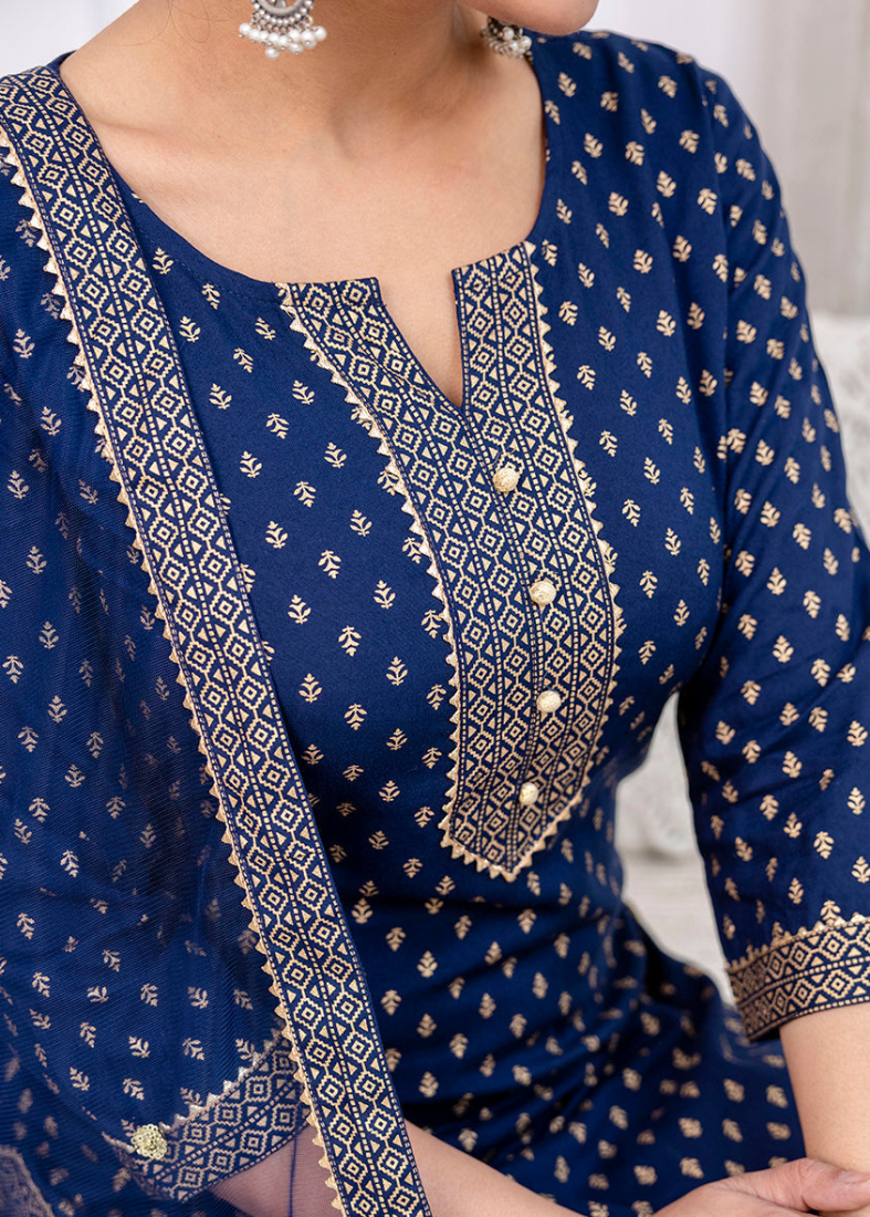 Blue Rayon Straight Suit Set