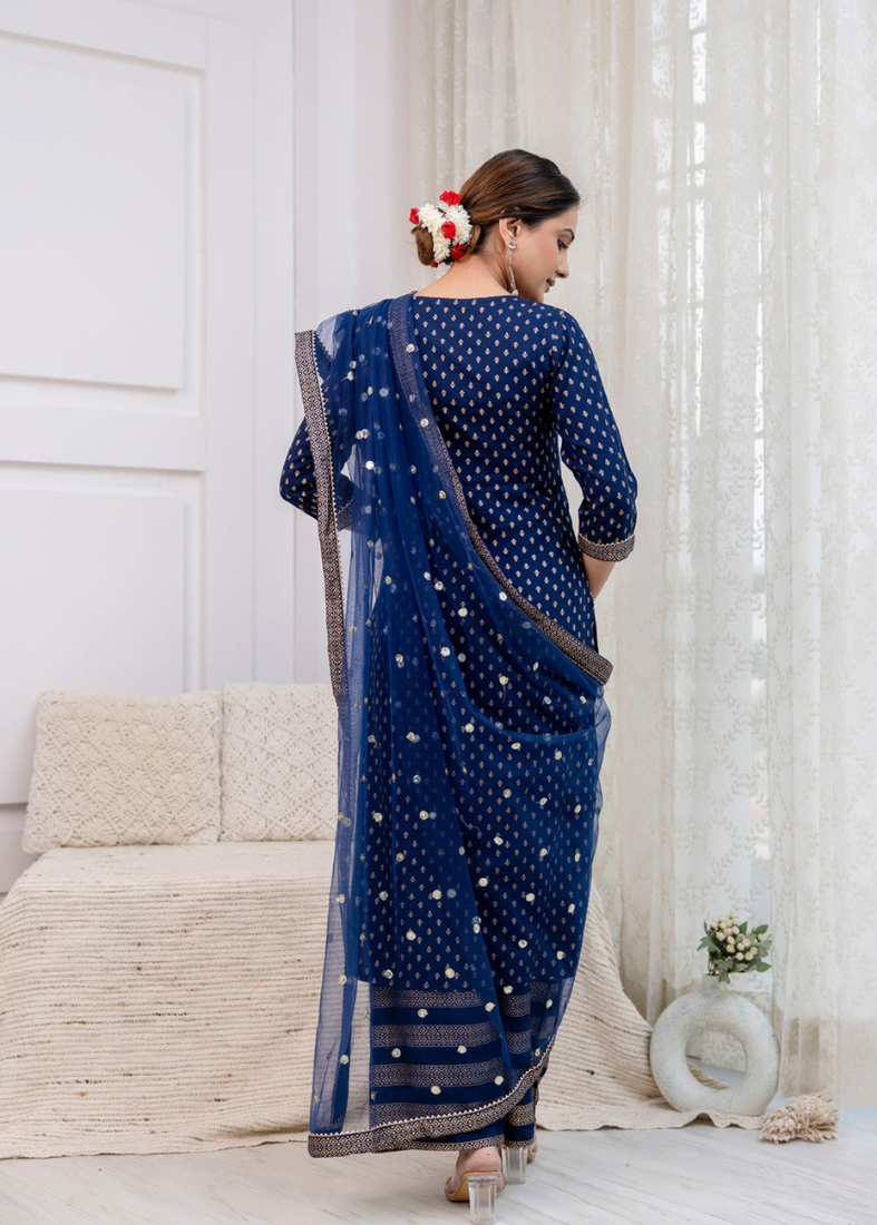 Blue Rayon Straight Suit Set