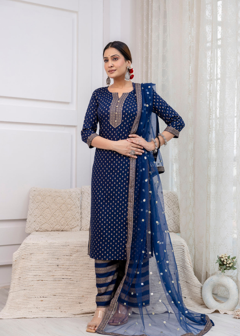 Blue Rayon Straight Suit Set