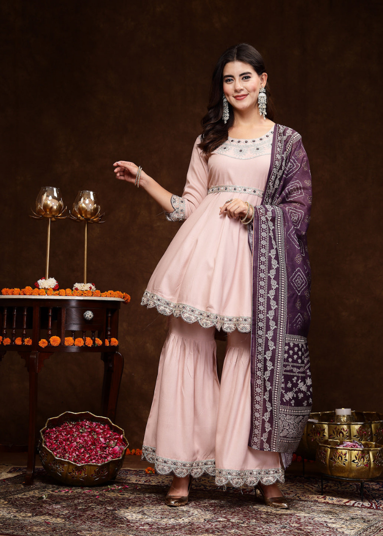 Pink Rayon Peplum Style Sharara Suit Set