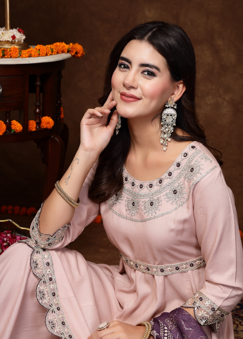 Pink Rayon Peplum Style Sharara Suit Set