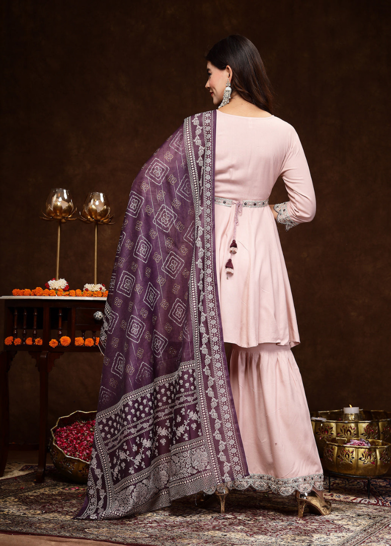 Pink Rayon Peplum Style Sharara Suit Set
