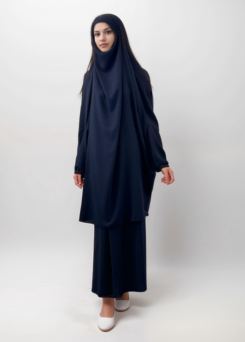 Navy Blue Modest Elegance Skirt & Top Set With Attached Hijab