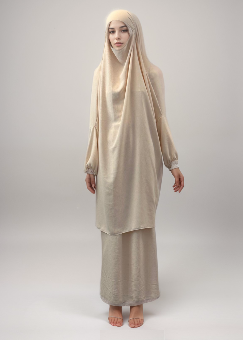 Cream Modest Elegance Skirt & Top Set With Attached Hijab