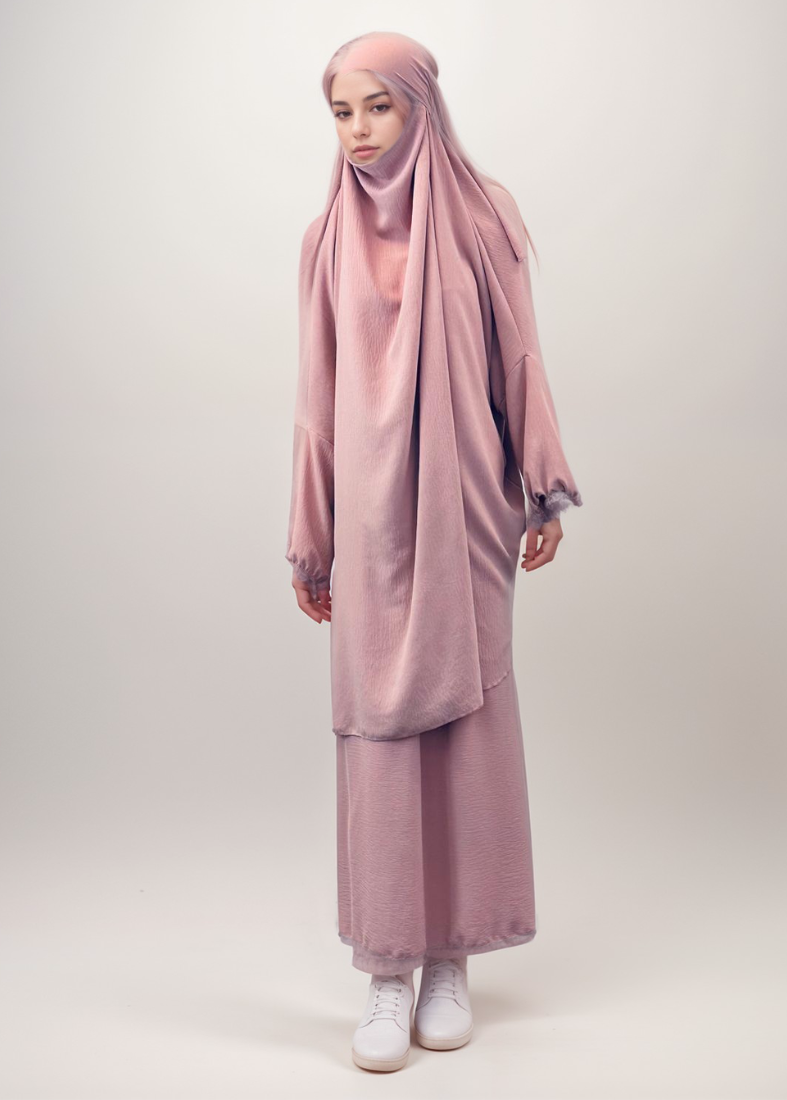 Pink Modest Elegance Skirt & Top Set With Attached Hijab