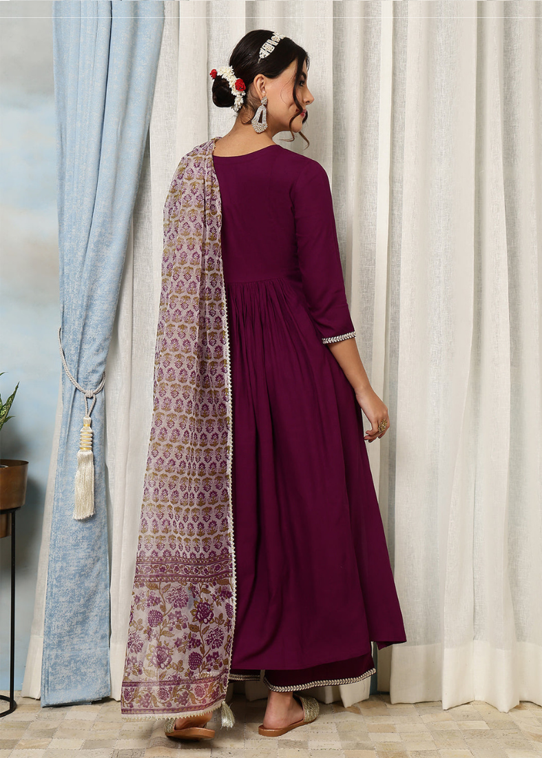 Wine Rayon Naira Cut Suit Set
