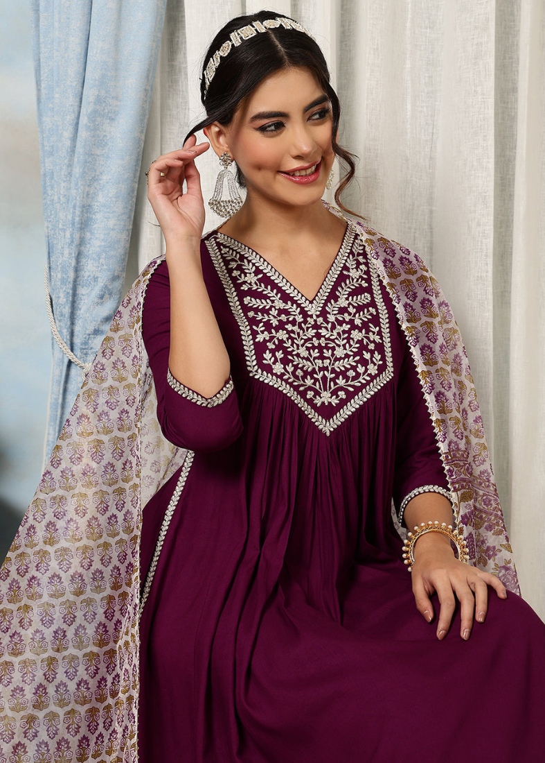 Wine Rayon Naira Cut Suit Set