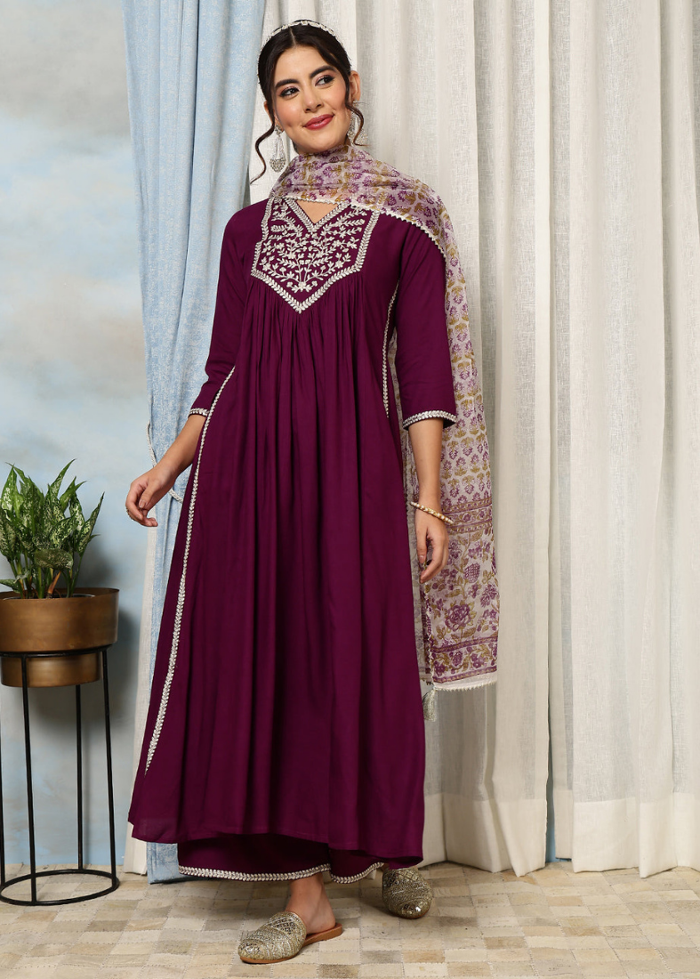 Wine Rayon Naira Cut Suit Set