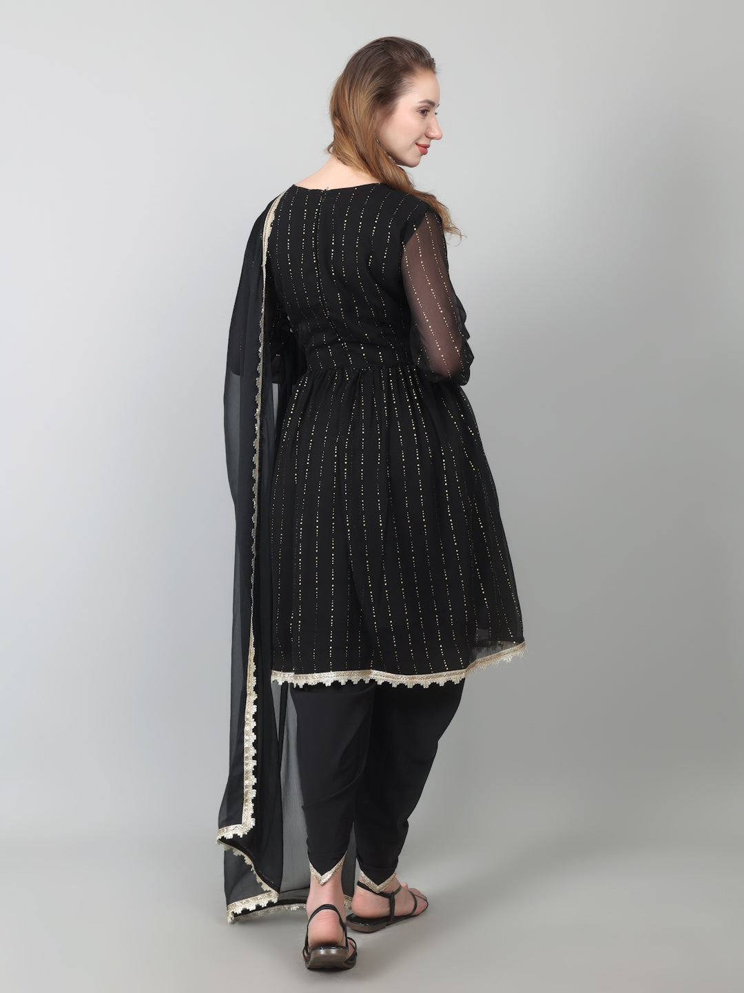 Black Georgette Lurex Peplum Suit Set