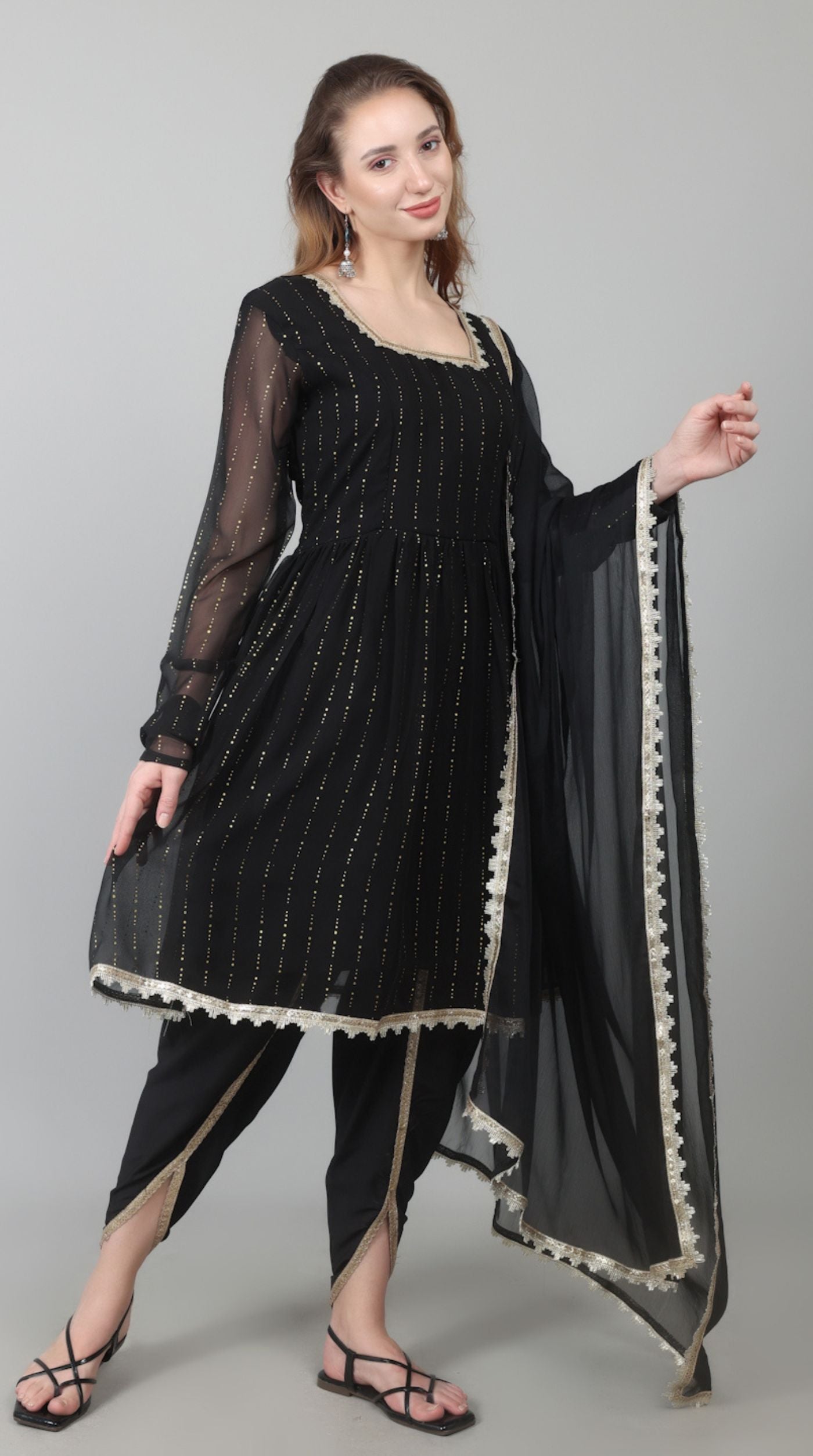 Black Georgette Lurex Peplum Suit Set