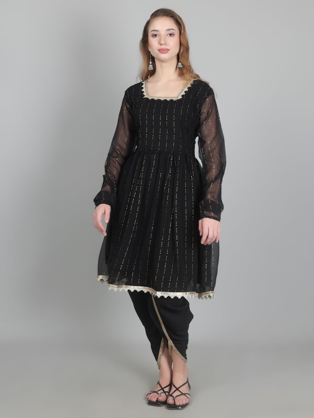 Black Georgette Lurex Peplum Suit Set