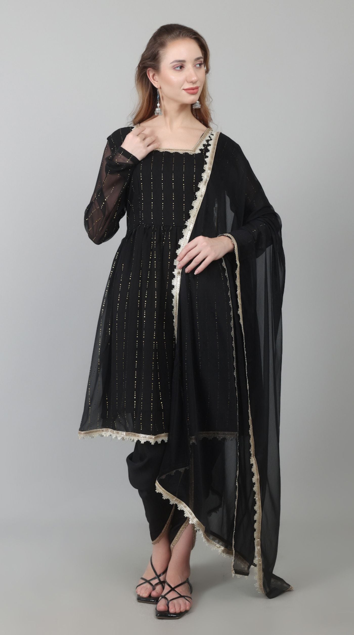 Black Georgette Lurex Peplum Suit Set