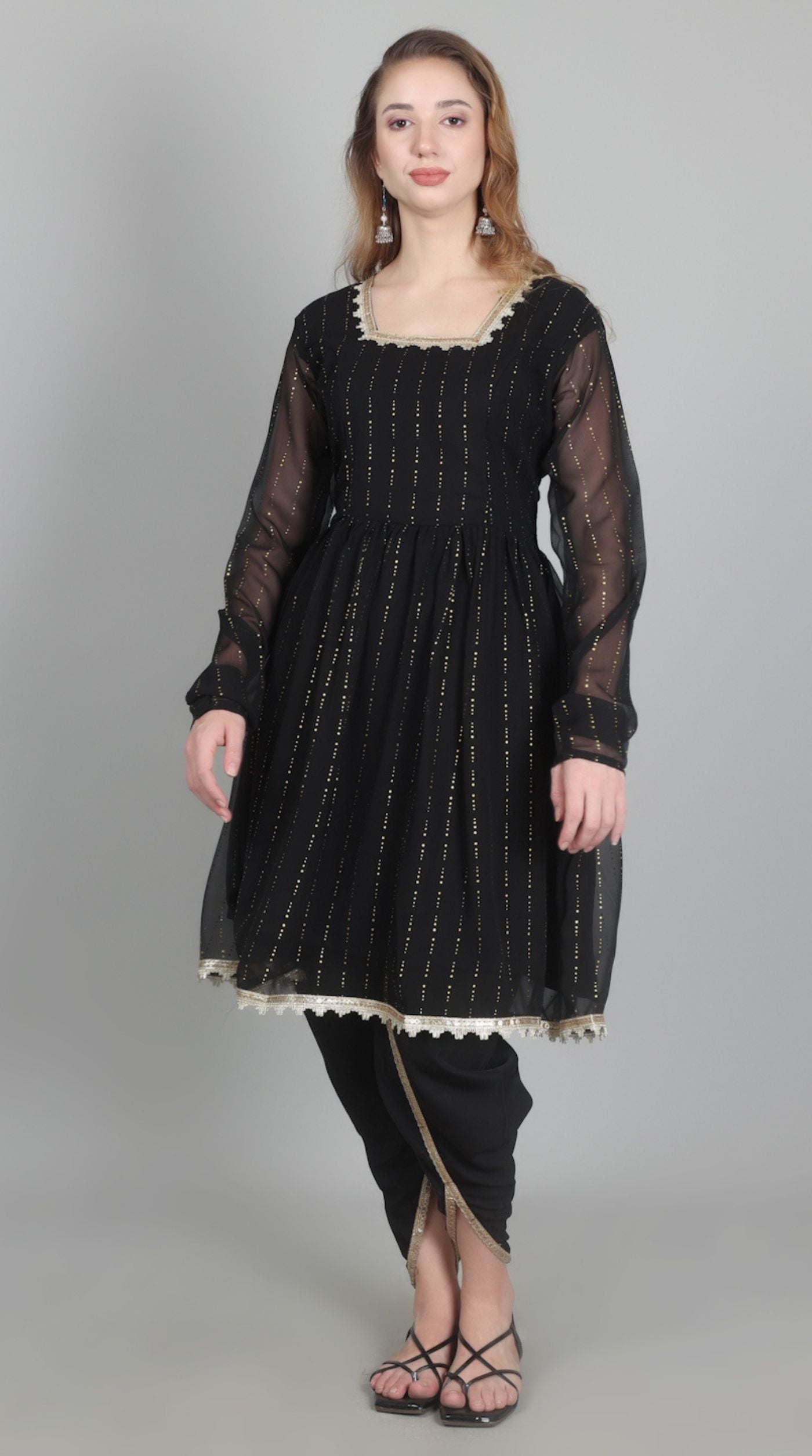 Black Georgette Lurex Peplum Suit Set