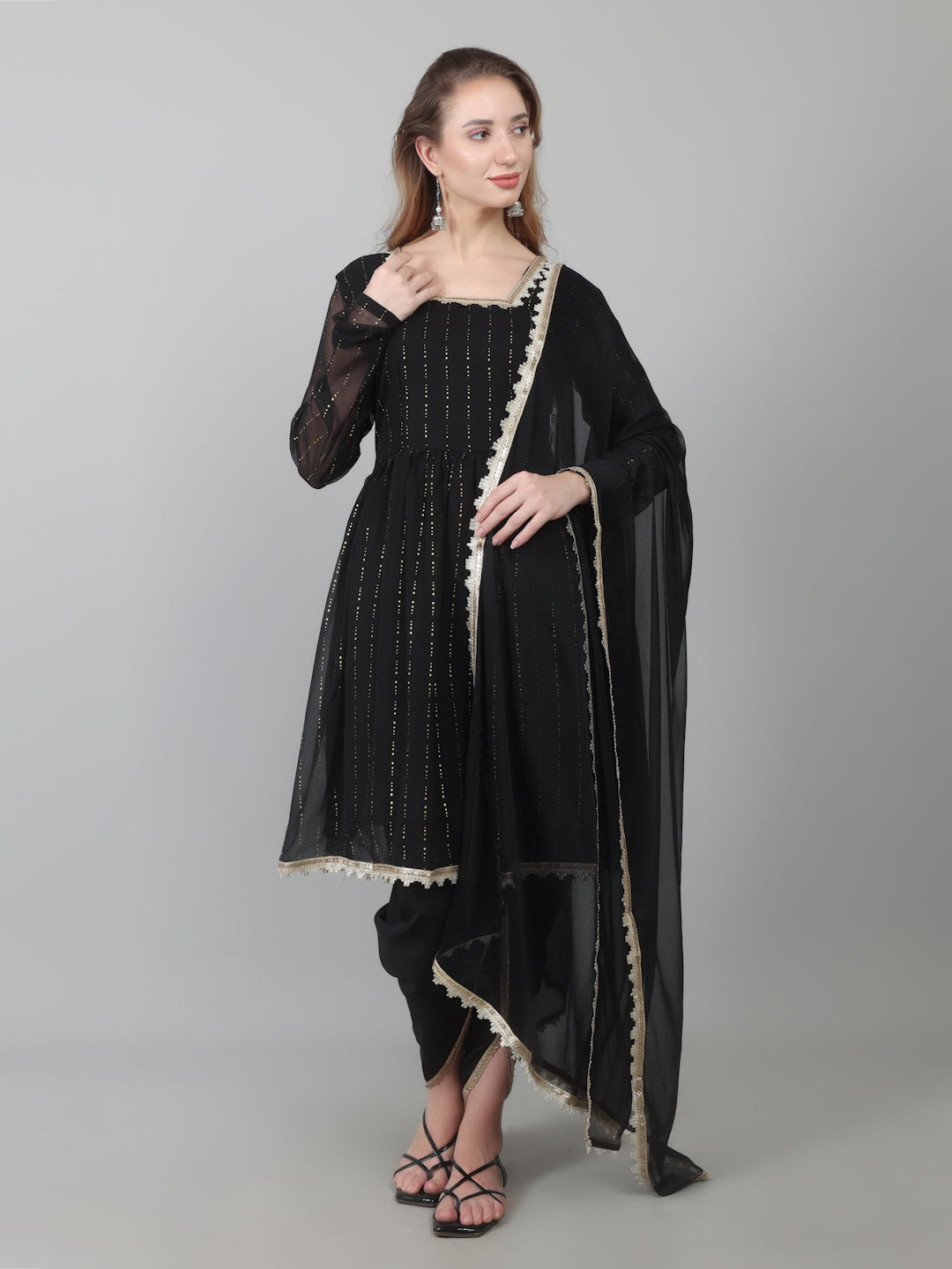 Black Georgette Lurex Peplum Suit Set