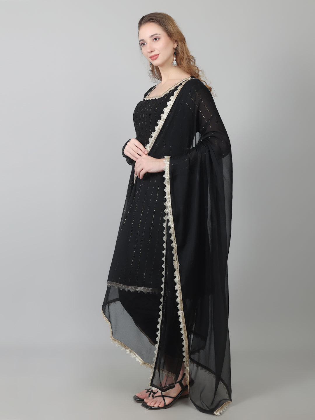 Black Georgette Lurex Peplum Suit Set