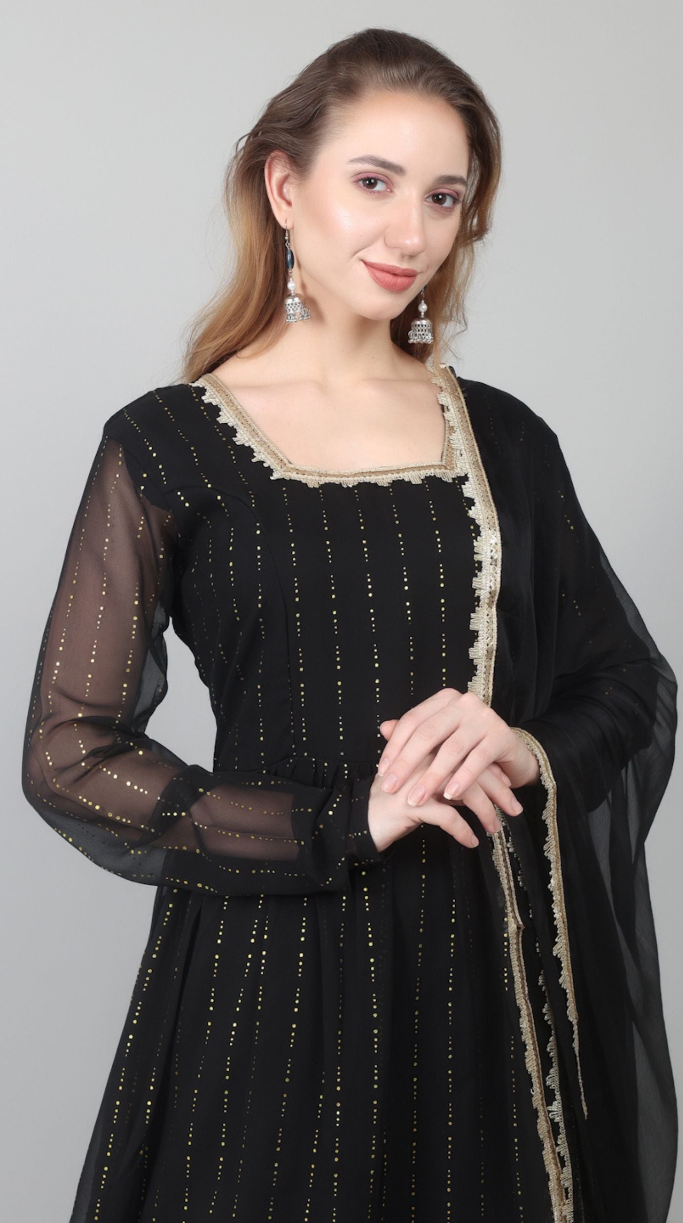 Black Georgette Lurex Peplum Suit Set