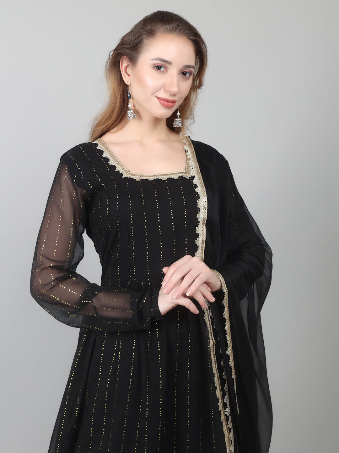 Black Georgette Lurex Peplum Suit Set