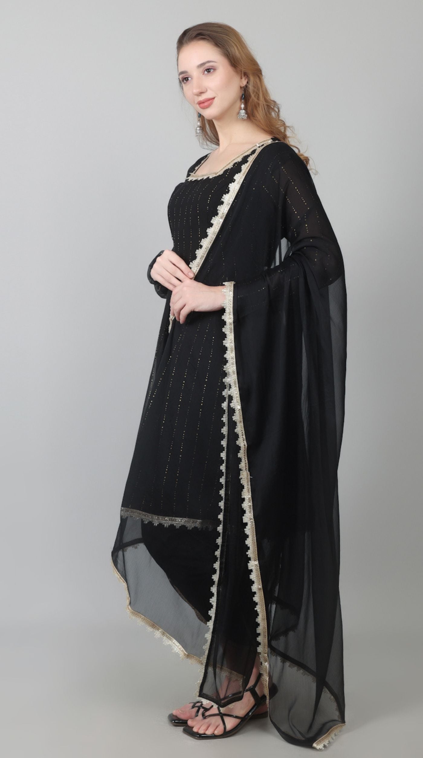 Black Georgette Lurex Peplum Suit Set