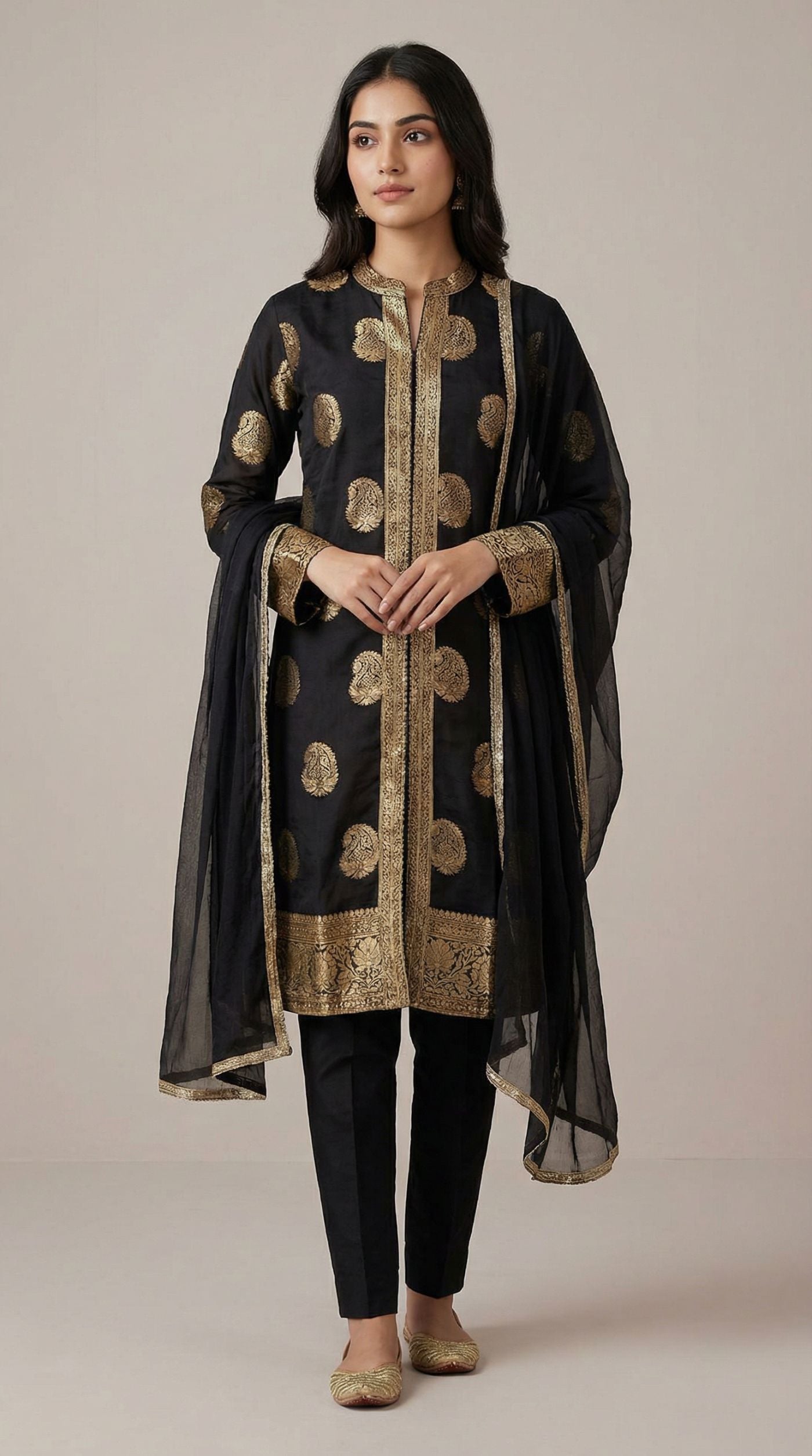 Black Jacket Style Shift Suit with Salwar & Chiffon Dupatta